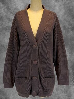 VINTAGE 80s chunky heavy knit sweater cardigan large button front v neck brown